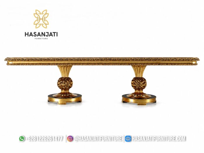 Detail Kaki Meja Pedestal Ganda Pilar Raksasa Kayu Jati Solid Ukir Emas