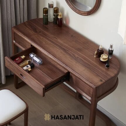 Detail meja rias jati minimalis dengan laci penyimpanan untuk kosmetik dan aksesoris