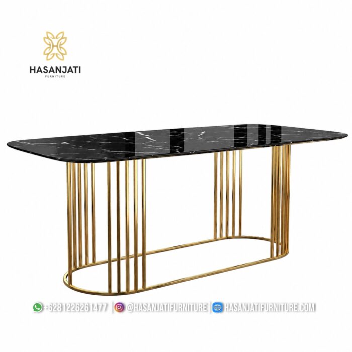 Detail Meja Makan Jeruji Pilar Vertikal Stainless Steel Gold Mirror Finish