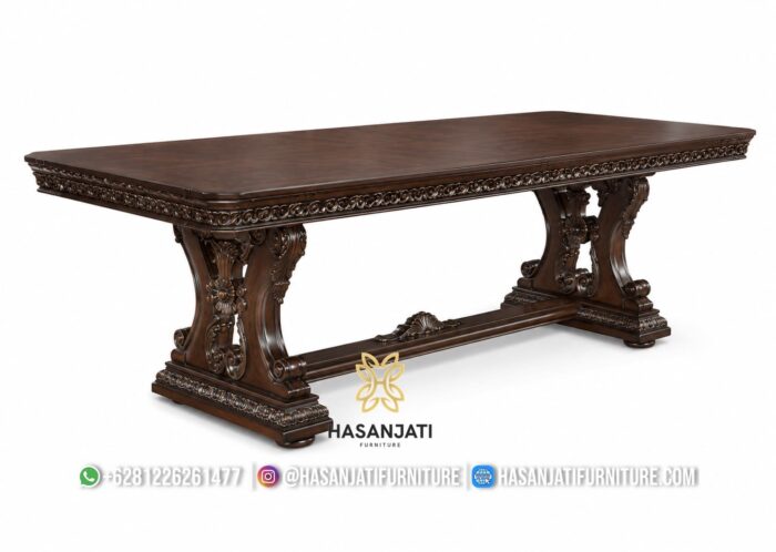 Detail Meja Makan Pedestal Ganda Melengkung Kayu Jati Solid King Arthur