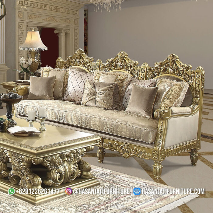 Sofa Tamu 3 Dudukan Ukiran Gold Leaf Mewah Gaya Eropa