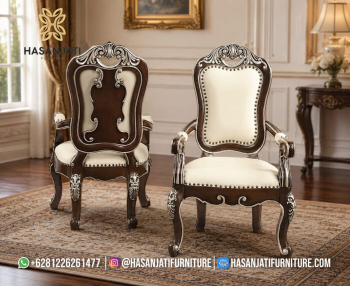 Kursi Kepala Meja Makan Jati Solid Kain Krem dengan Sandaran Lengan