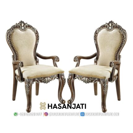 Kursi Kepala Meja Makan Jati Solid Ukiran Baroque Ber-Lengan
