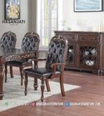Kursi Makan Jati Klasik Mewah Kulit Hitam dengan Sandaran Lengan