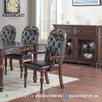 Kursi Makan Jati Klasik Mewah Kulit Hitam dengan Sandaran Lengan
