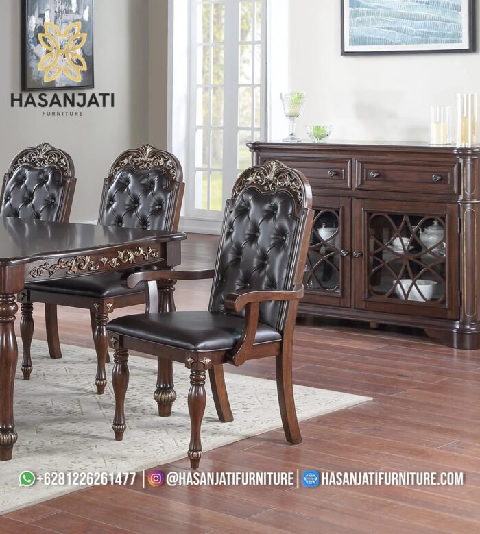 Kursi Makan Jati Klasik Mewah Kulit Hitam dengan Sandaran Lengan
