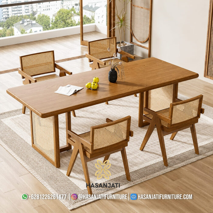 Kursi Makan Jati Minimalis Rangka Kaki V Sandaran Anyaman Rotan Alami