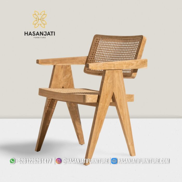 Kursi Makan Jati Minimalis Rangka Kaki V Sandaran Dudukan Anyaman Rotan