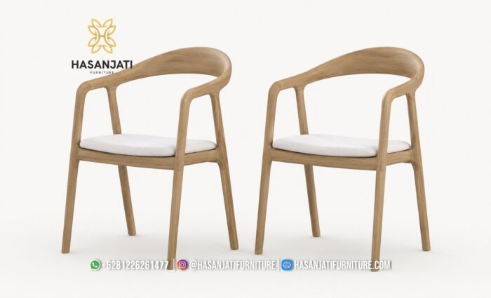 Kursi Makan Jati Minimalis Sandaran Melengkung Rendah Jok Woven Off-White