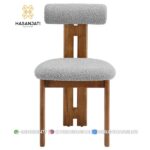 Kursi Makan Jati Minimalis Unik Torian Style Sandaran Tabung Kain Boucle Abu