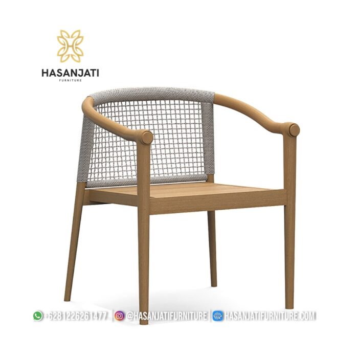 Kursi Makan Jati Outdoor Minimalis Ber-Lengan Sandaran Anyaman Tali Abu-Abu