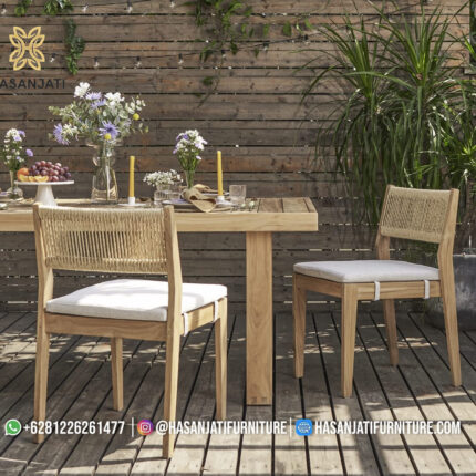 Kursi Makan Jati Outdoor Minimalis Sandaran Anyaman Tali Tropis
