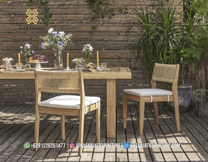 Kursi Makan Jati Outdoor Minimalis Sandaran Anyaman Tali Tropis