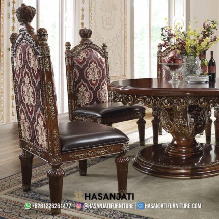 Kursi Makan Jati Solid Klasik Sandaran Kain Damask Maroon Emas