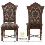 Kursi Makan Jati Solid Klasik Sandaran Tinggi Kain Jacquard Lucie Style
