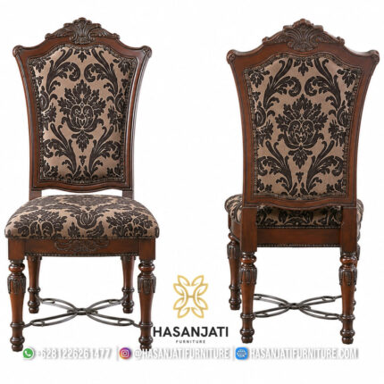 Kursi Makan Jati Solid Klasik Sandaran Tinggi Kain Jacquard Lucie Style