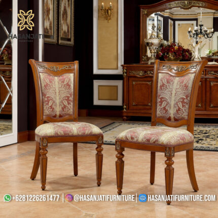 Kursi Makan Jati Solid Klasik Sandaran Kain Motif Floral Gold