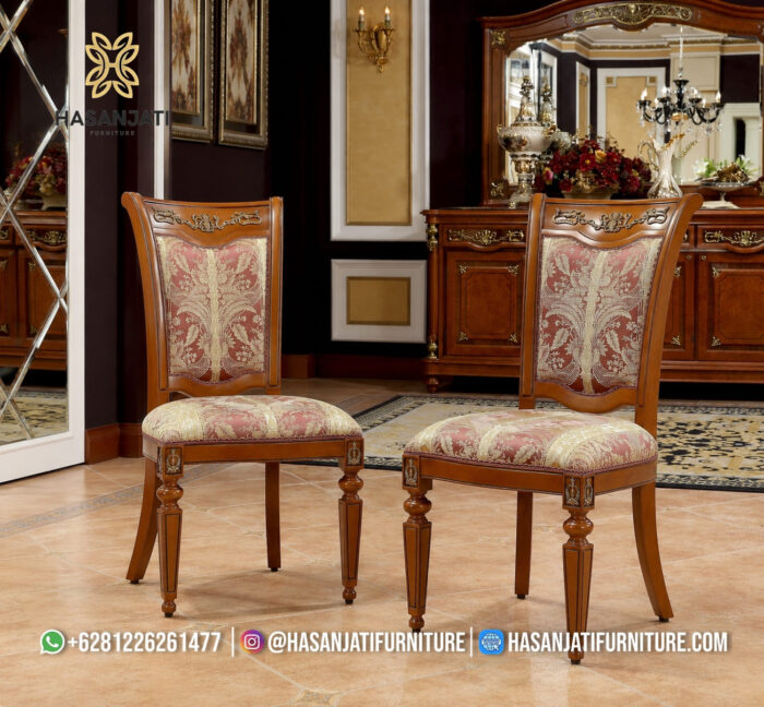 Kursi Makan Jati Solid Klasik Sandaran Kain Motif Floral Gold