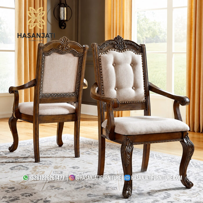 Kursi Makan Jati Solid Klasik Sandaran Kain Woven Light Taupe Ber-Lengan