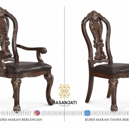 Kursi Makan Jati Solid Klasik Sandaran Tinggi Jok Kulit Cokelat
