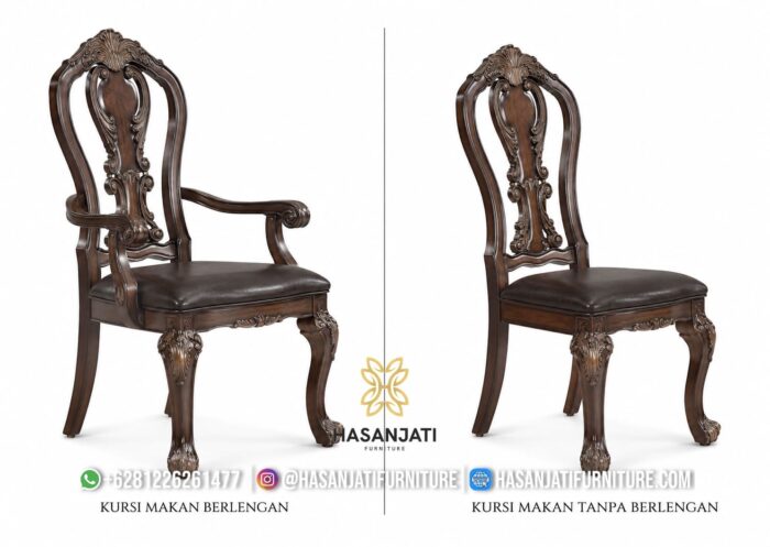 Kursi Makan Jati Solid Klasik Sandaran Tinggi Jok Kulit Cokelat