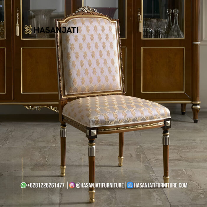 Kursi Makan Jati Solid Klasik Sandaran Tinggi Kain Damask Silver Grey