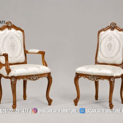 Kursi Makan Jati Solid Klasik Sandaran Tinggi Kain Jacquard Krem