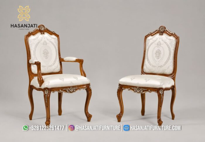 Kursi Makan Jati Solid Klasik Sandaran Tinggi Kain Jacquard Krem