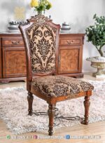 Kursi Makan Jati Solid Klasik Sandaran Tinggi Kain Jacquard Lucie Style