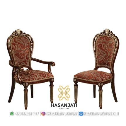 Kursi Makan Jati Solid Klasik Sandaran Tinggi Kain Maroon Paisley