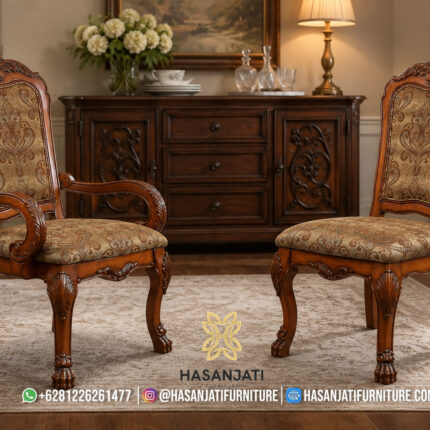 Kursi Makan Jati Solid Klasik Ukiran Medieve Kain Motif Cokelat Emas