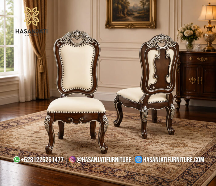 Kursi Makan Jati Solid Model Sandaran Oval Warna Putih Gading