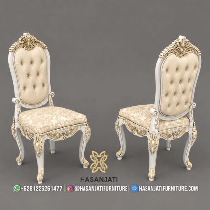 Kursi Makan Klasik Ivory Gold Style Sandaran Kain Motif Damask