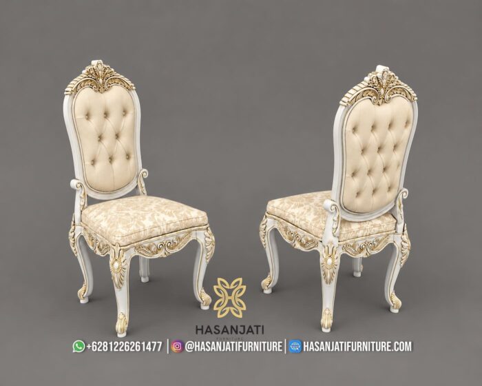 Kursi Makan Klasik Ivory Gold Style Sandaran Kain Motif Damask