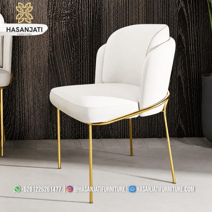 Kursi Makan Minimalis Kaki Jarum Ramping Stainless Warna Emas Glossy