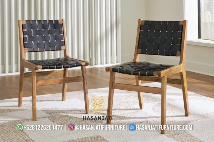 Kursi Makan Minimalis Rangka Kayu Dudukan Sandaran Anyaman Sabuk Kulit Hitam