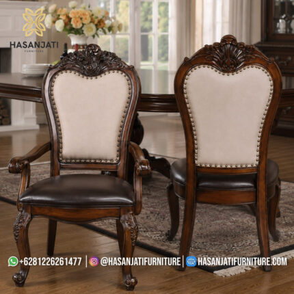 Kursi Kepala Meja Makan Jati Solid Ukiran Bella Ber-Lengan Putih Gading