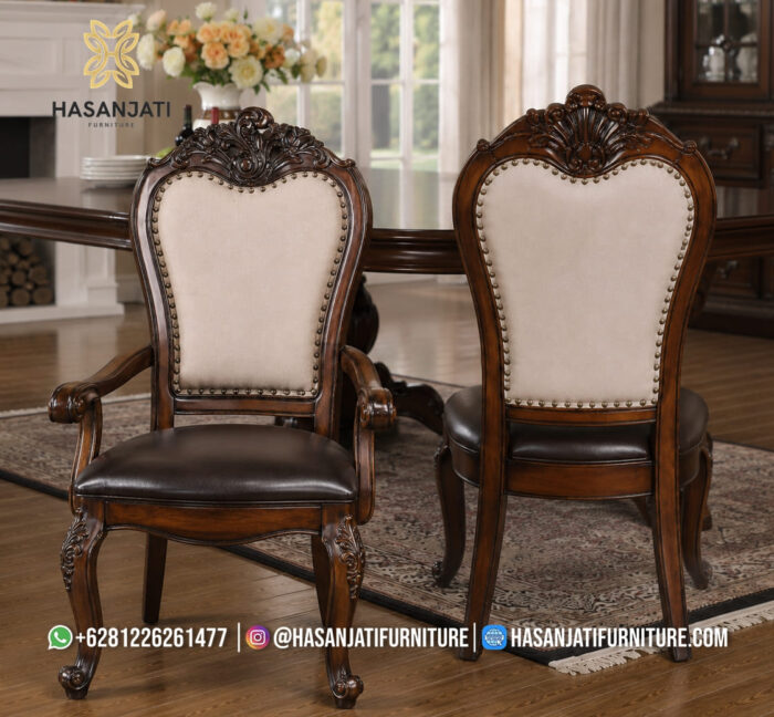 Kursi Kepala Meja Makan Jati Solid Ukiran Bella Ber-Lengan Putih Gading