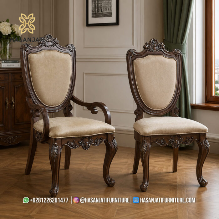 Kursi Kepala Meja Makan Jati Solid Ukiran Devayne Ber-Lengan