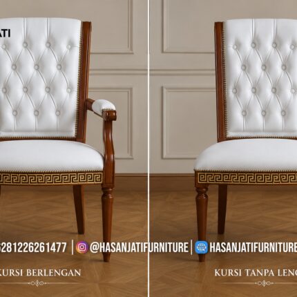 Kursi Meja Makan Jati Solid Ukiran Greco Ber-Lengan Putih Gading