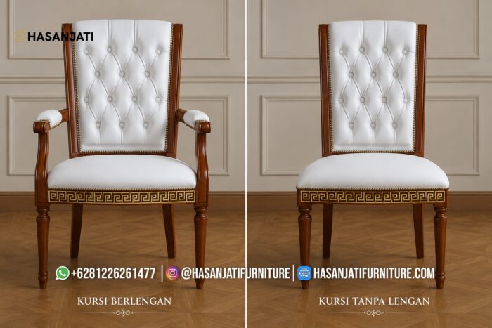 Kursi Meja Makan Jati Solid Ukiran Greco Ber-Lengan Putih Gading