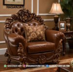 Kursi Single Jati Mewah Kulit Cokelat Set Sofa Tamu