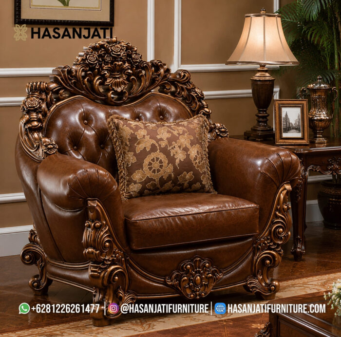 Kursi Single Jati Mewah Kulit Cokelat Set Sofa Tamu