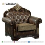 Kursi Single Jati Mewah Kulit Cokelat Set Sofa Tamu Klasik