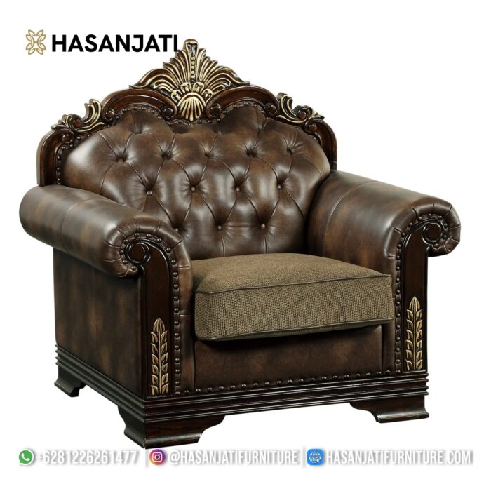 Kursi Single Jati Mewah Kulit Cokelat Set Sofa Tamu Klasik