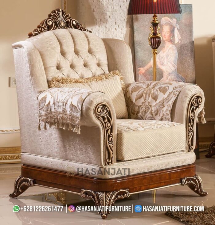 Kursi Single Jati Mewah Warna Ivory Beige Ukiran Jepara