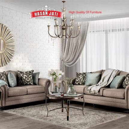 Set Sofa Tamu Klasik Modern Dark Taupe Meja Stainless Steel Rose Gold