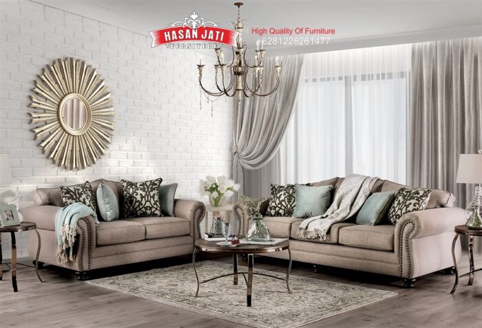 Set Sofa Tamu Klasik Modern Dark Taupe Meja Stainless Steel Rose Gold