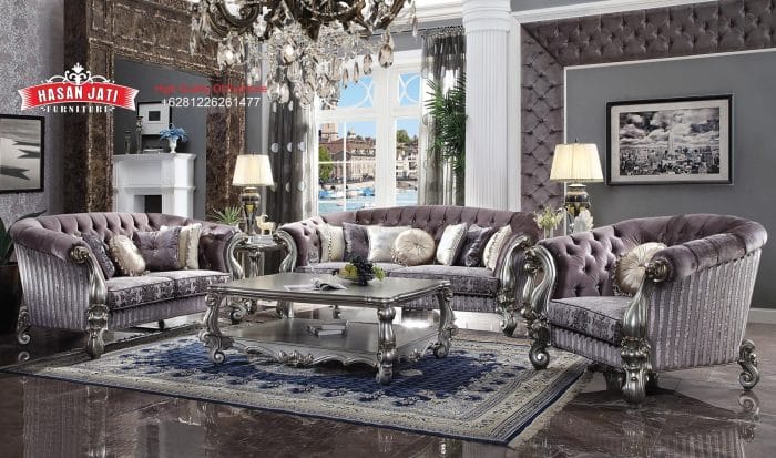 Set Sofa Tamu Klasik Mewah Versailles Gaya Eropa Ukiran Platinum