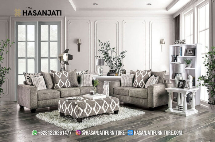 Set Sofa Tamu Jati Minimalis Modern Mewah Grey Meja Ottoman